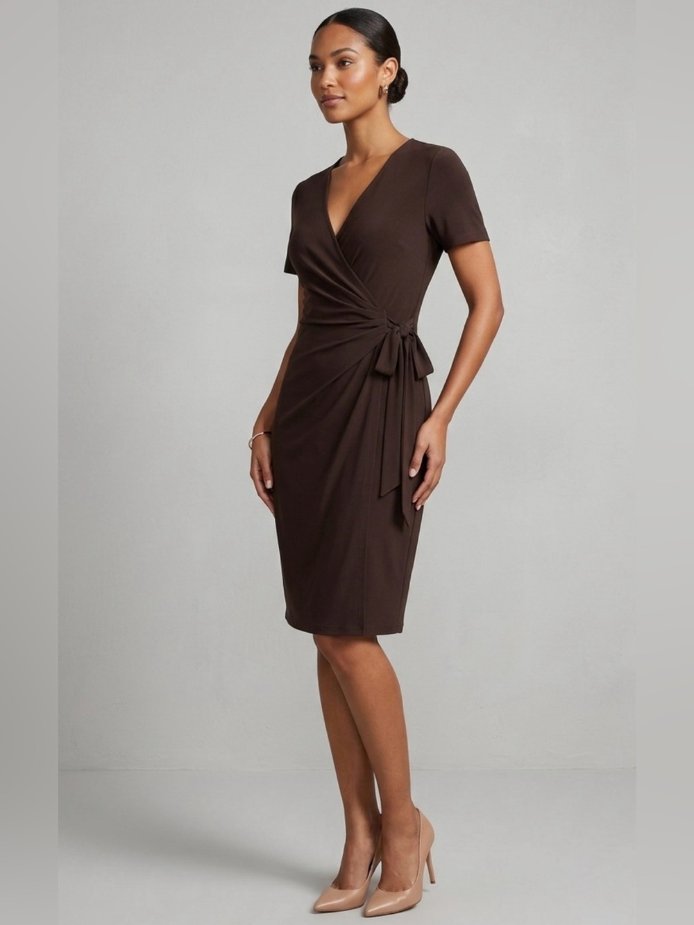 Anne Klein Chocolate Brown Faux-Wrap Midi Dress